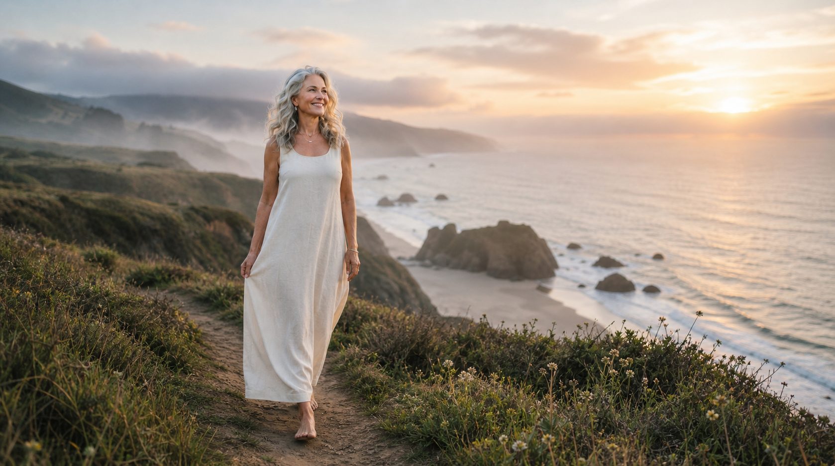 A smiling woman in a white dress walking a coastal path at sunrise