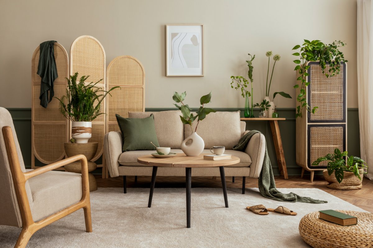 A calm, sunlit living room with a beige couch